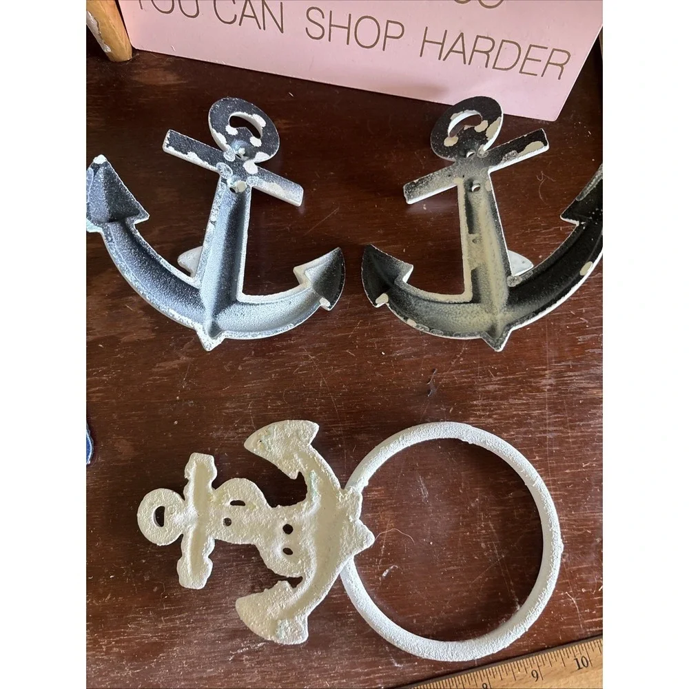Metal Cast Iron Nautical Anchors Wall Coat Rack & Hooks White Set Of 4